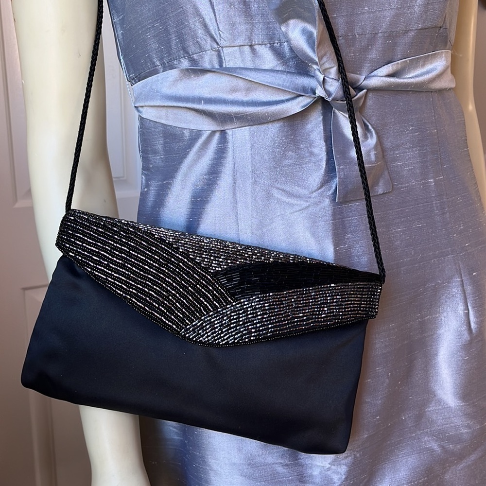 VINTAGE Delill Black Beaded Satin Envelope Clutch Evening Purse